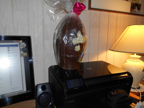 L'oeuf posé sur l'imprimante, à côté du pc où je suis... Mes parents ont oublié qu'ils avaient une fille insomniaque à souhait... Ils n'ont pas peur de me laisser seule avec lui, c'est à leurs risques et périls 